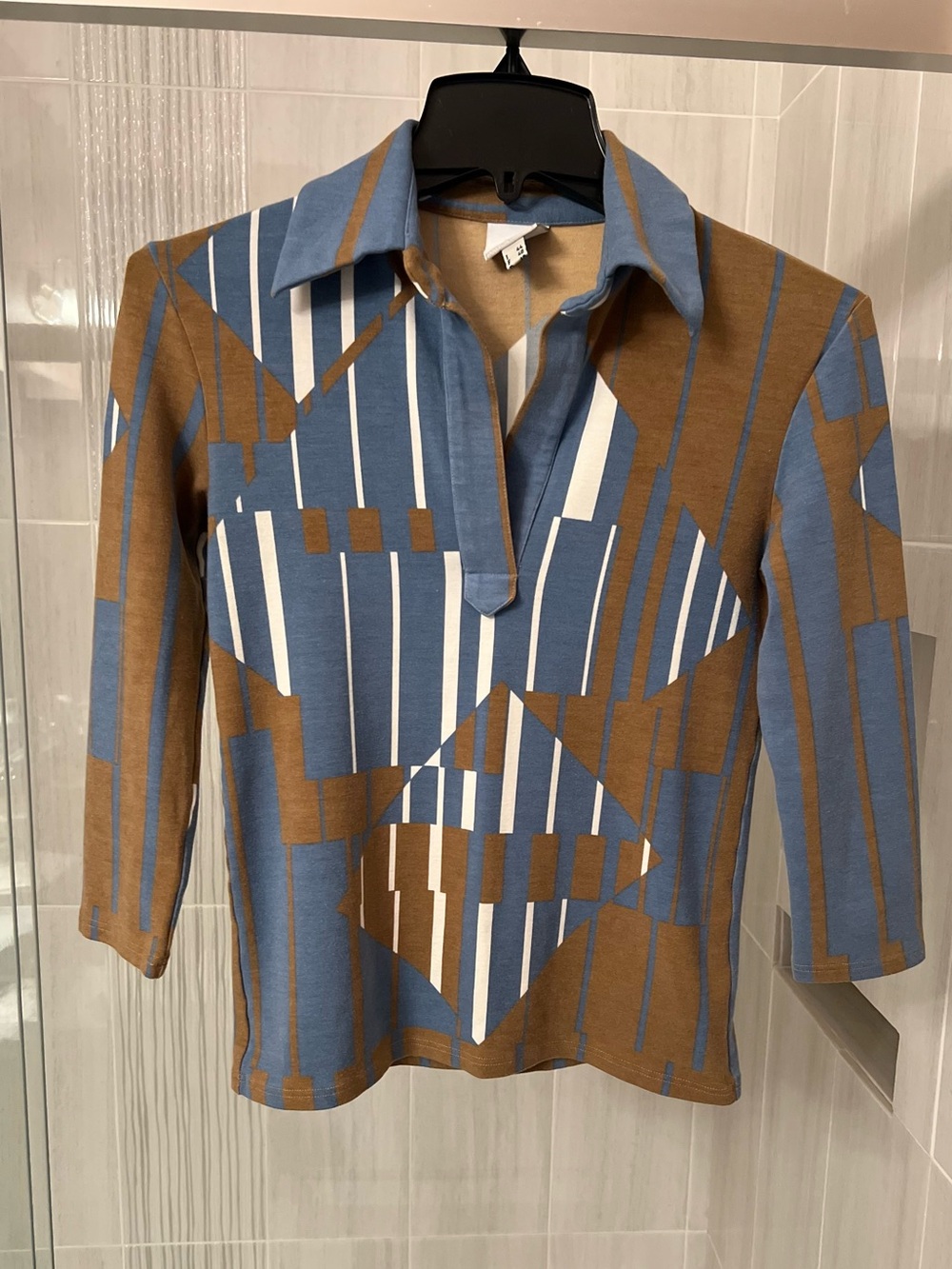 Paola Frani Geometric Collared Knit Top - Blue, Brown, White